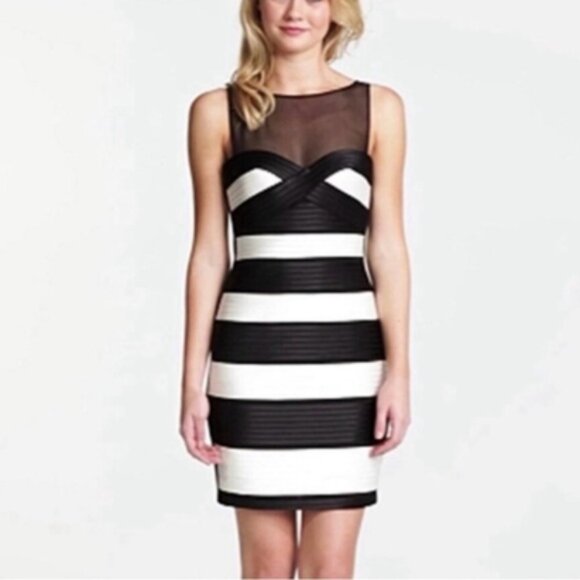 BCBG Maxazria Mara Black White Stripe Mesh Bandage Cocktail Party Dress Sz 8 EUC - Picture 7 of 10